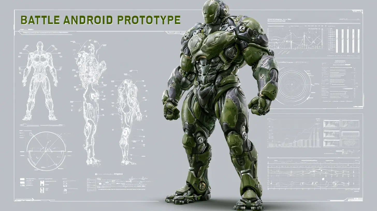 3D-Konstruktionsdiagramm eines massiven Kampf-Cyborg-Prototyps