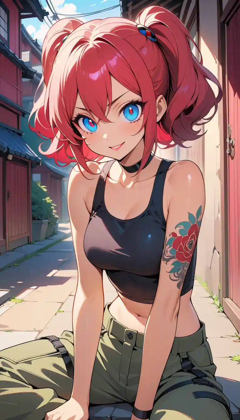 晴れた日本の街角にいるストリート系ファッションの笑顔のアニメ少女