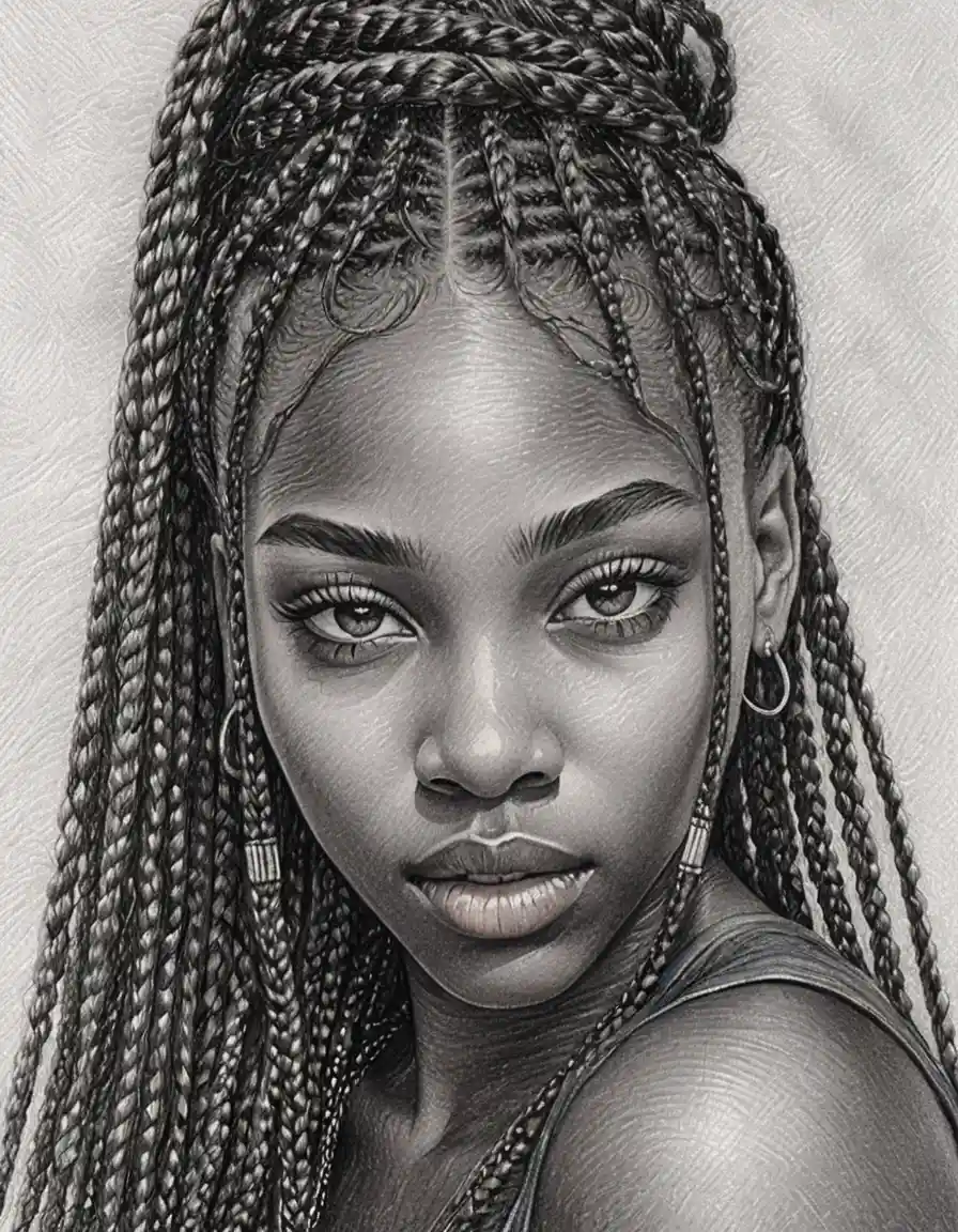 Retrato a lápiz en primer plano de una joven con trenzas