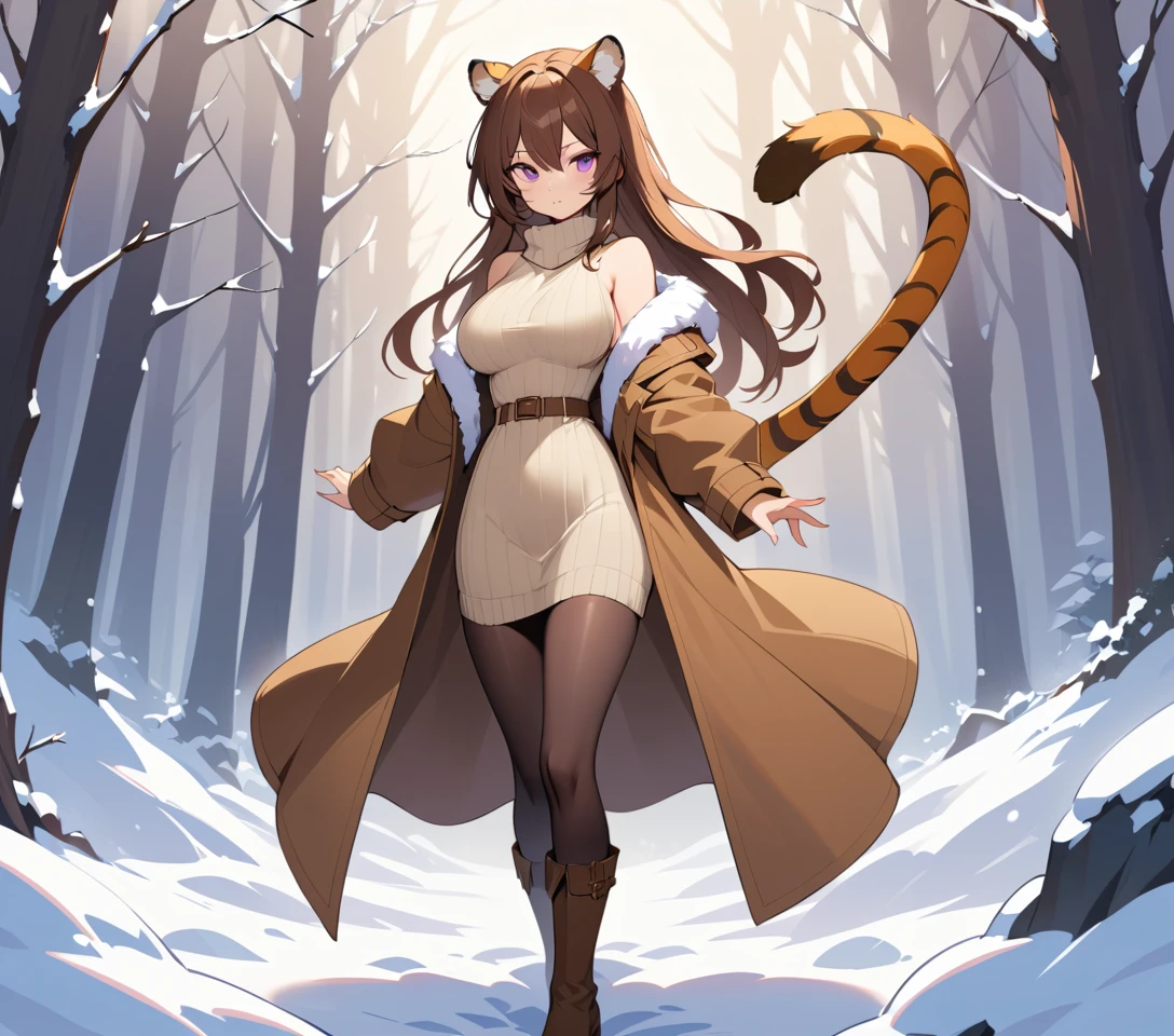 Femme aux oreilles de tigre en manteau d’hiver et robe pull