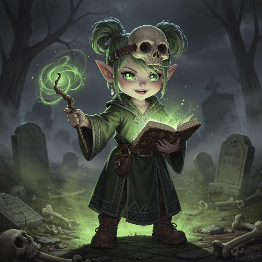 Garota gnomo necromante de fantasia sombria com máscara e livro de feitiços