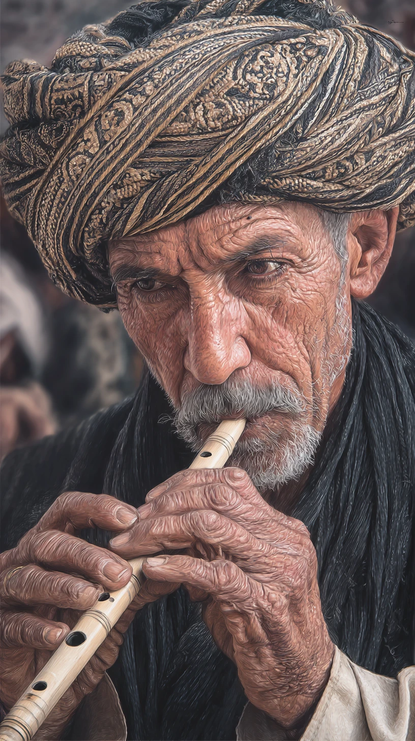 Dessin de portrait d’un vieil homme avec turban jouant d’une flûte en bois