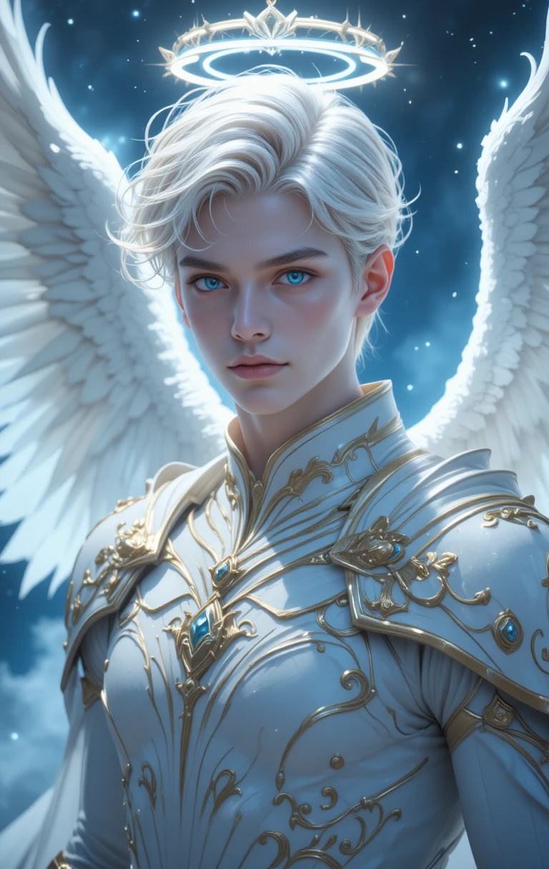 Guerreiro angelical loiro com asas brancas em estilo anime