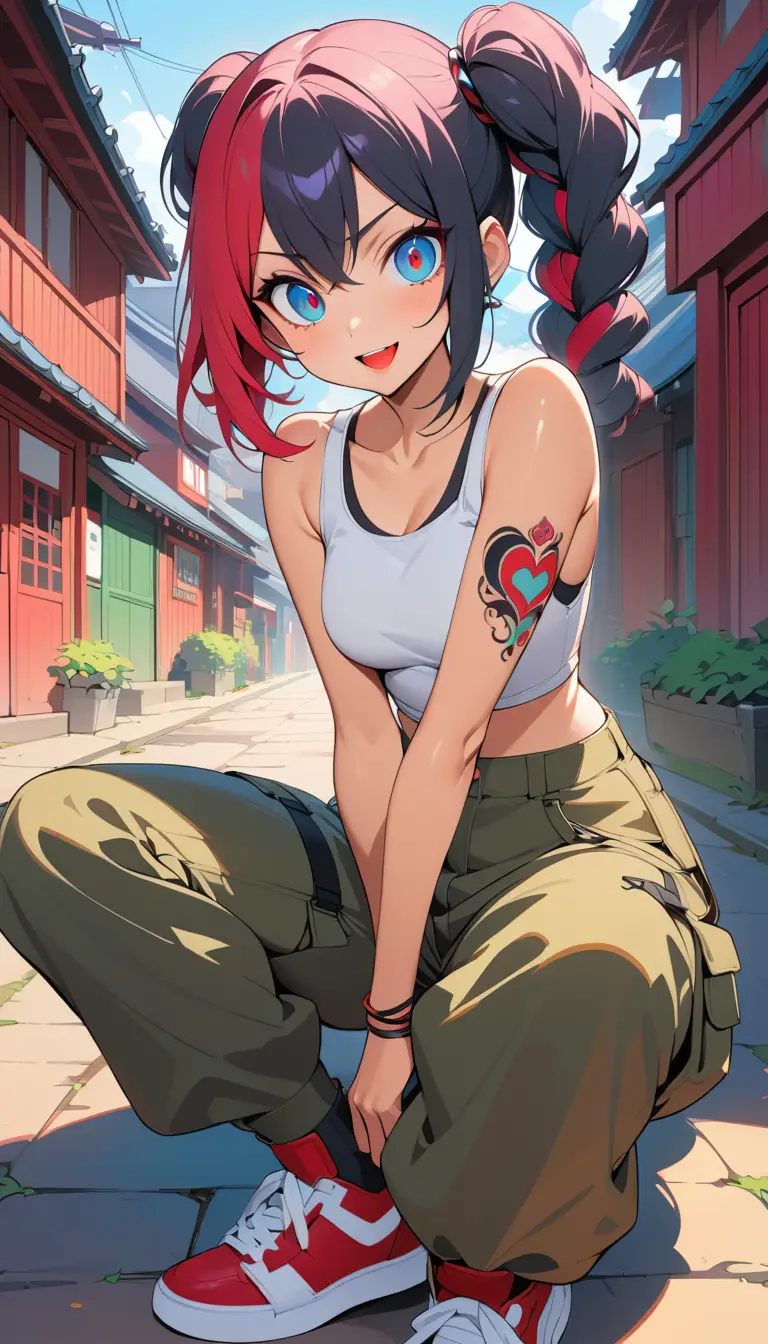 Fille d’anime souriante en streetwear dans une rue japonaise ensoleillée