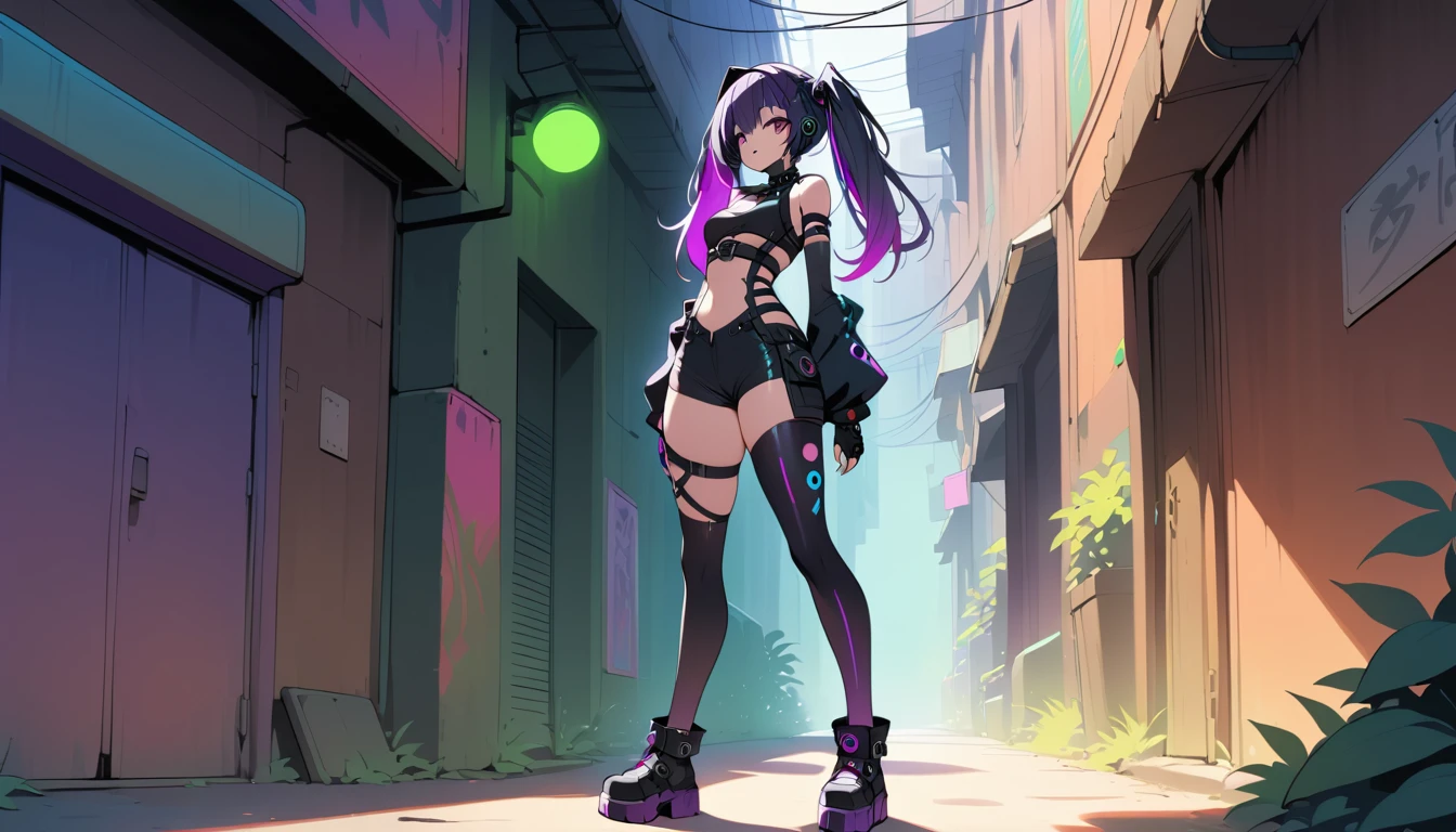 Cyber goth woman standing in a dark urban alley