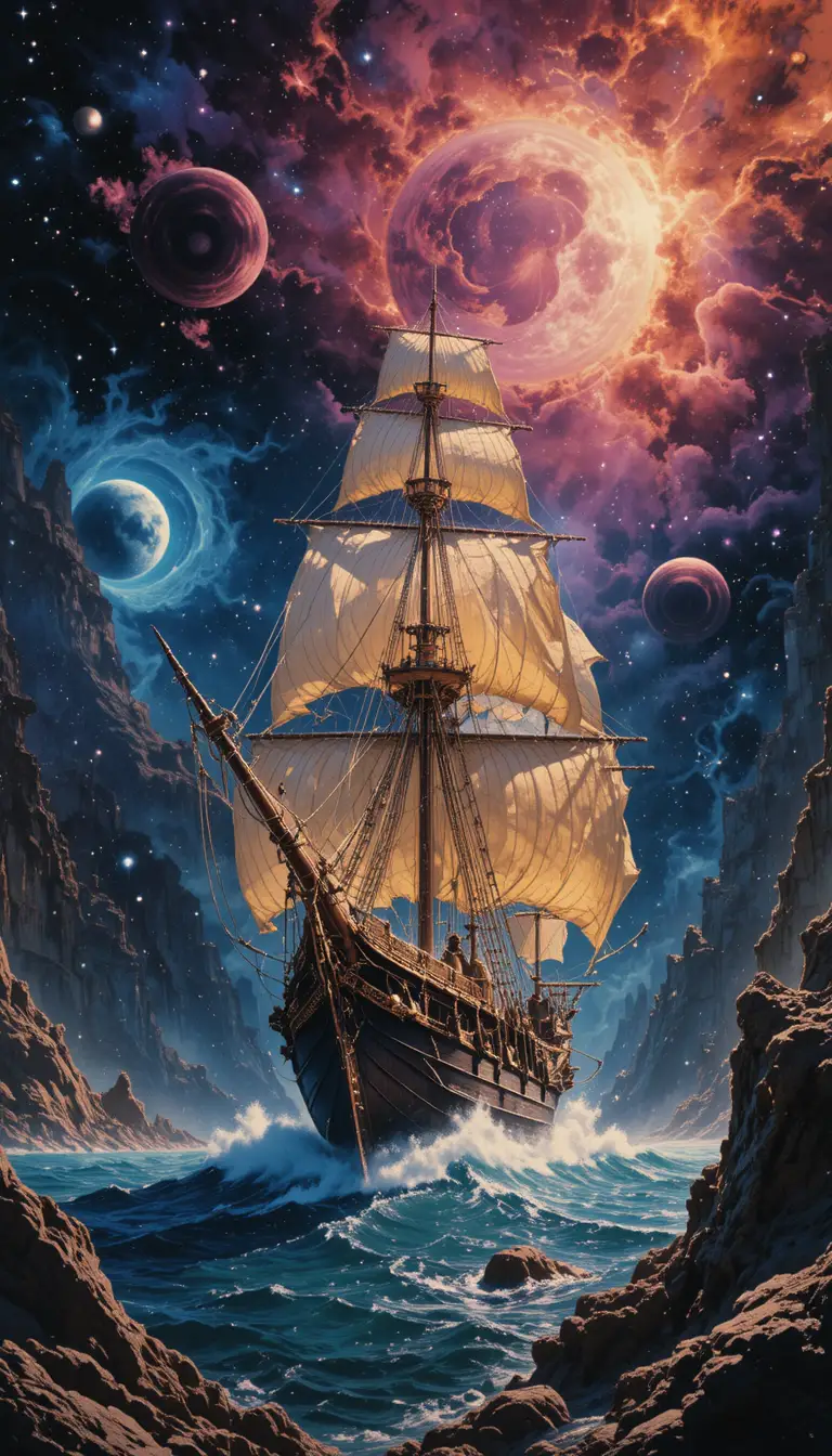 在絢麗宇宙星雲中航行的幽靈大帆船
