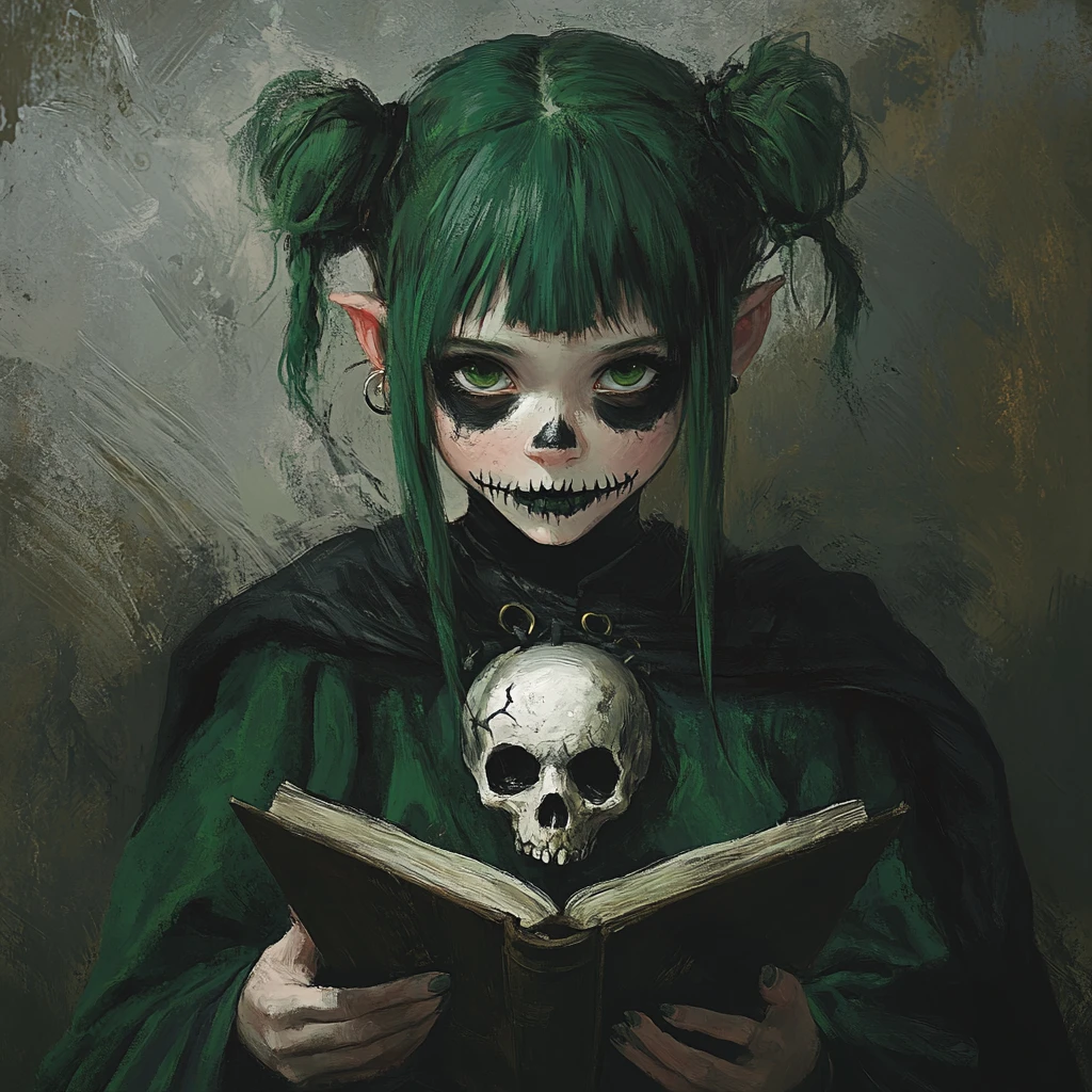 Adorável menina gnoma necromante com máscara de caveira e grimório