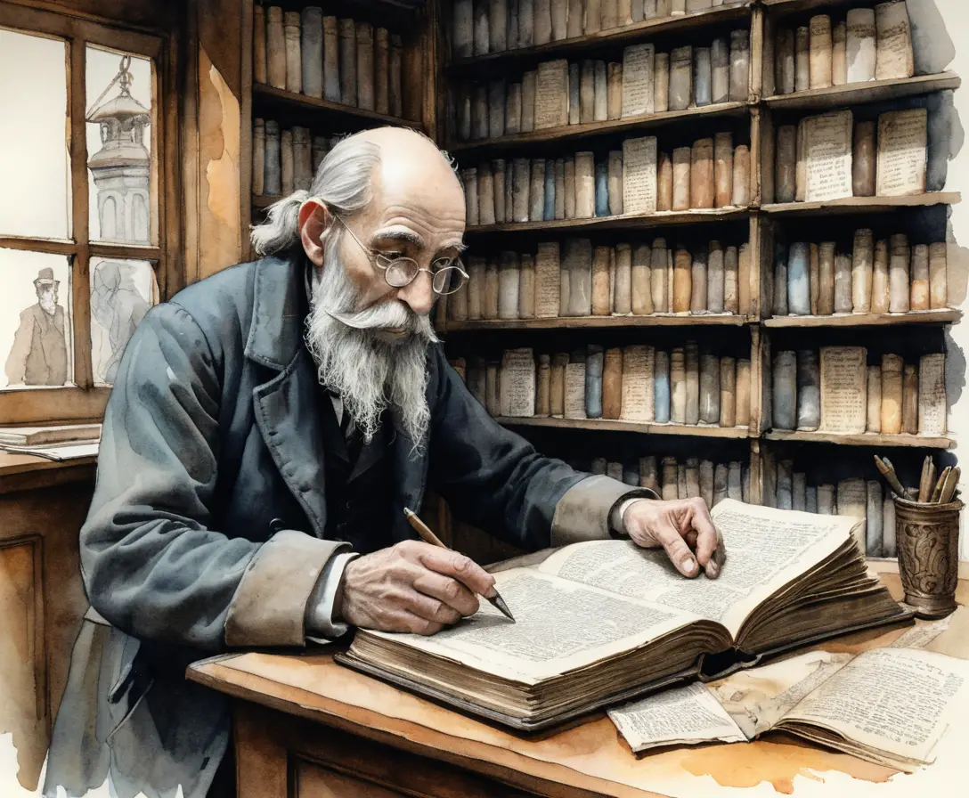 Elderly bookseller reading in a shadowed antique bookshop