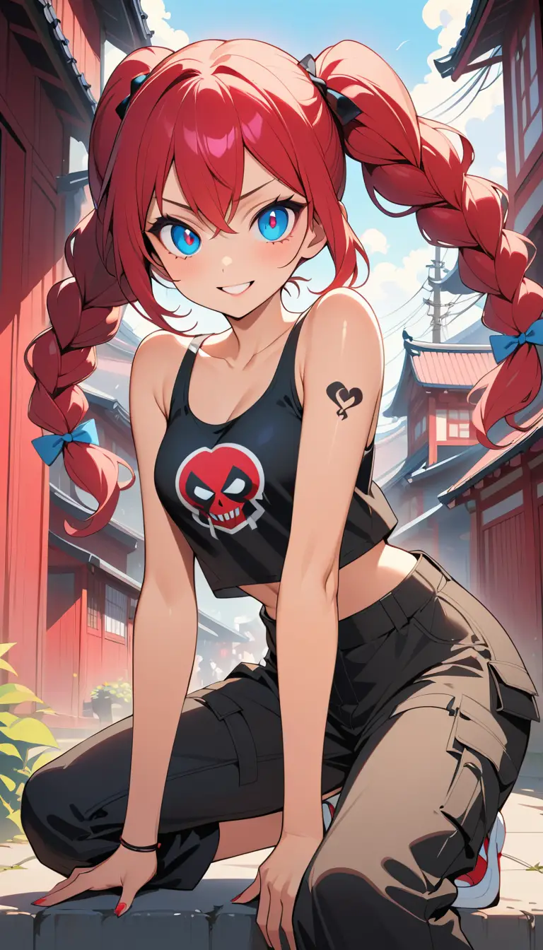 Fille d’anime souriante en streetwear dans une rue japonaise ensoleillée