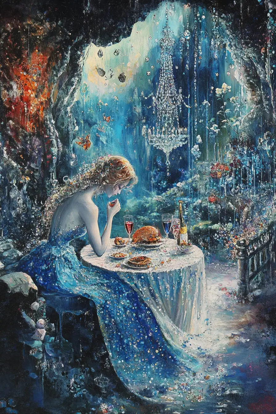 Enchanted Woman Dining In A Diamond Cavern