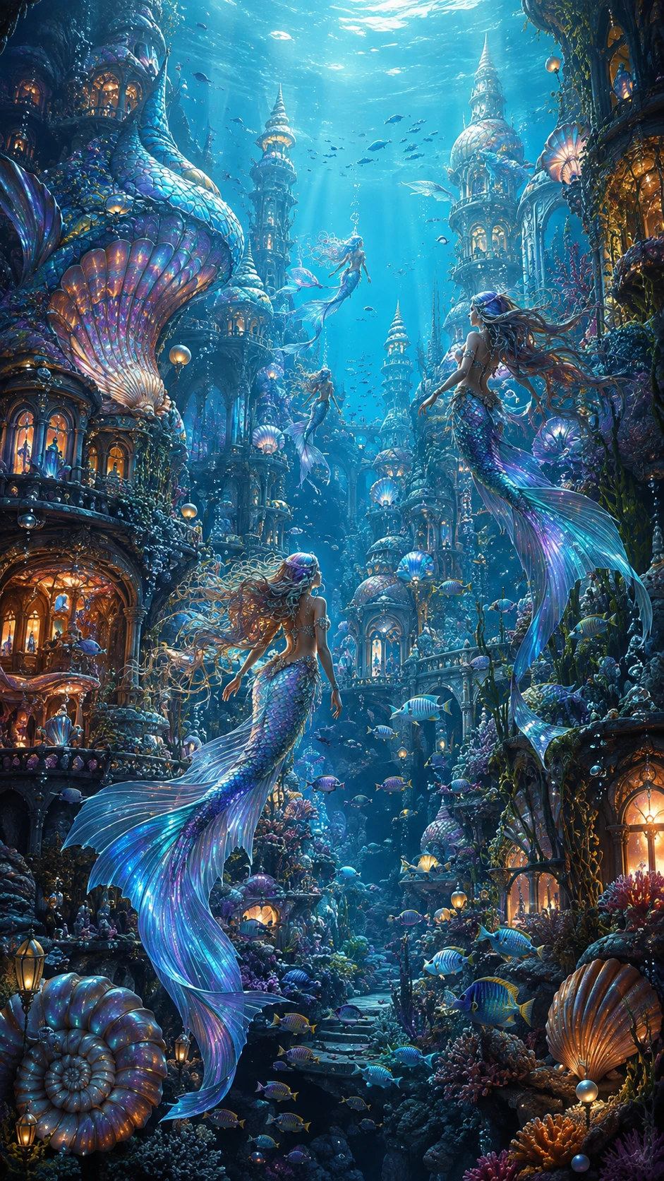 Dreamy mermaid city of glowing shells beneath the sea