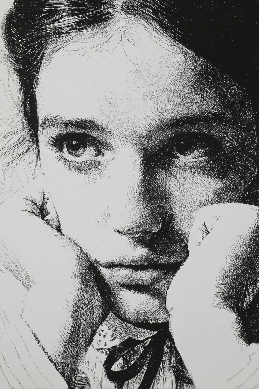 Ritratto a inchiostro di una giovane donna contemplativa in primo piano