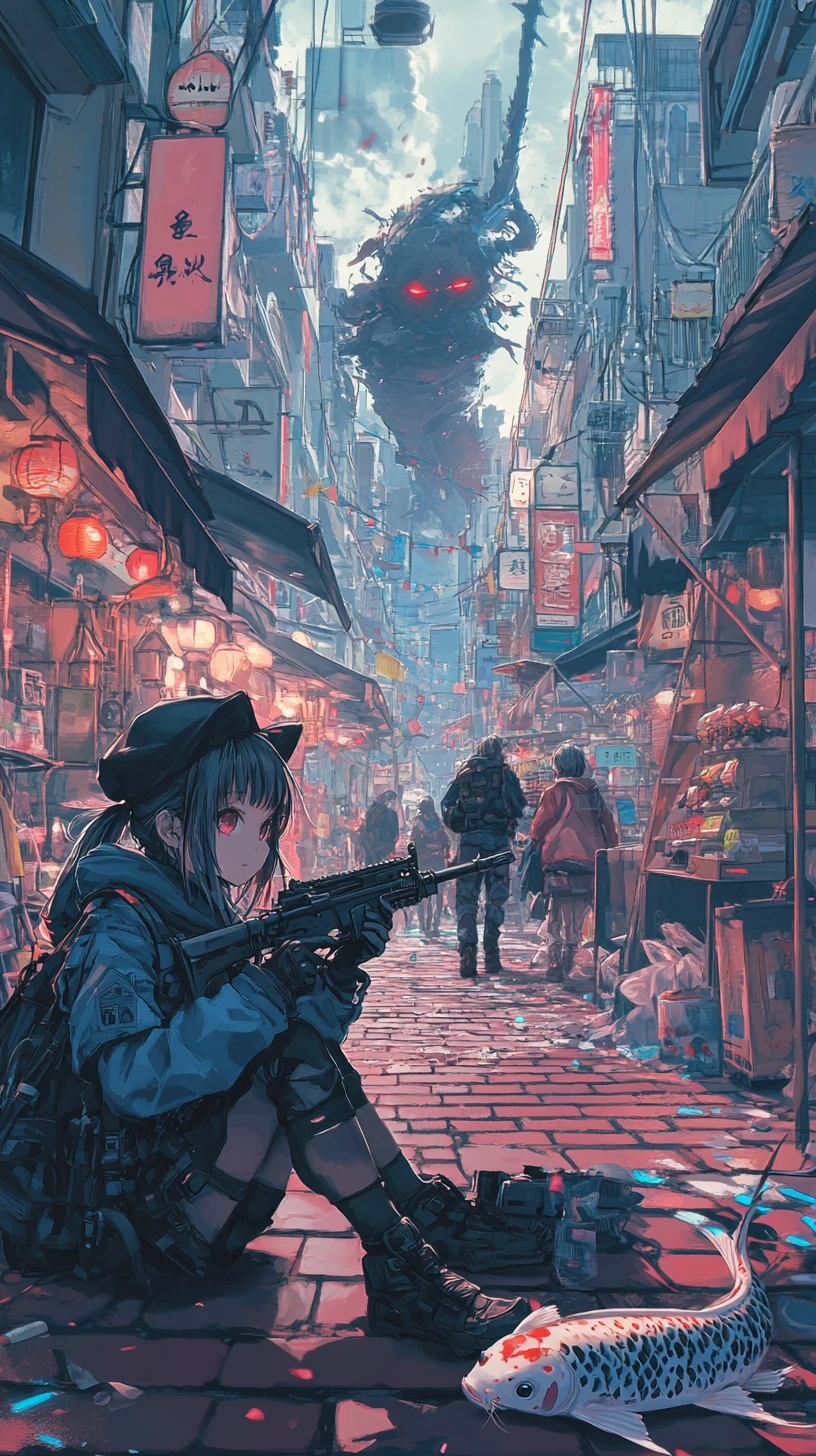 Black winged cat running with koi fish in fantasy market