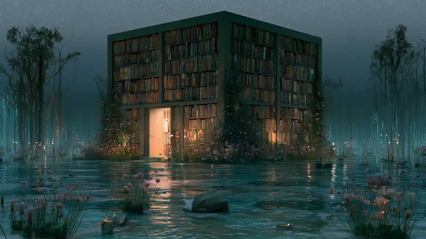 Surreale, mystische Bibliothek in den Ruinen von Atlantis verborgen
