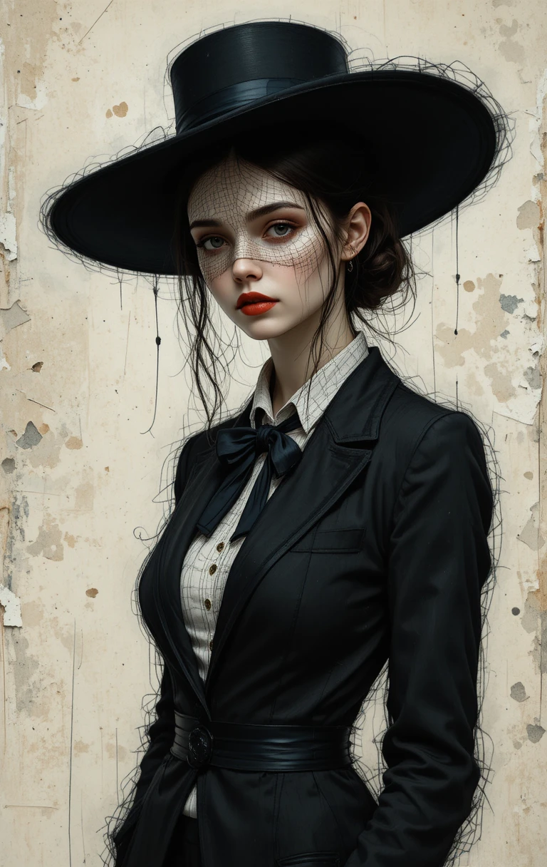 Mysterious young woman in veiled hat against dark background