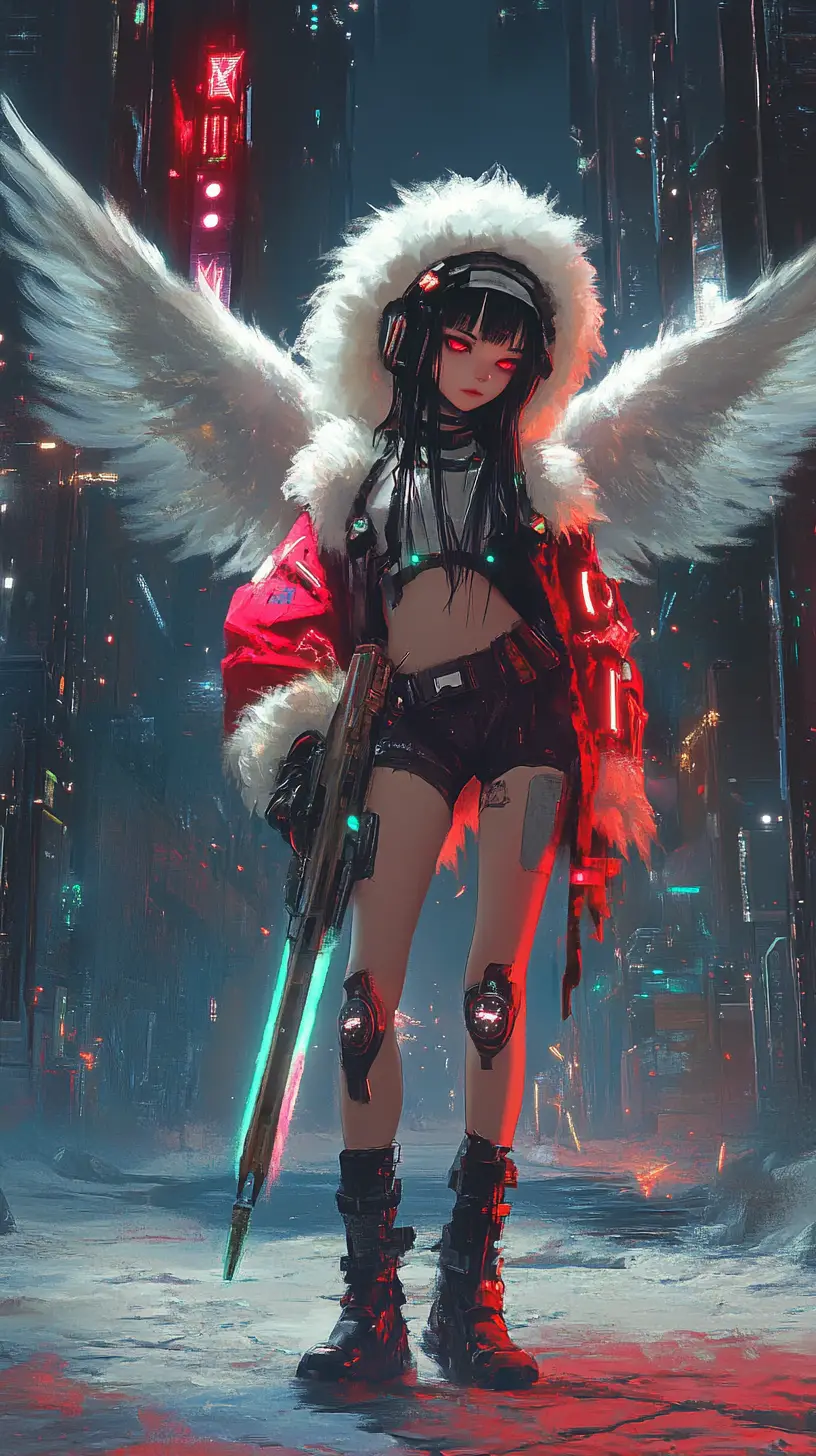 Ragazza anime con ali d’angelo davanti a una lontana città cyberpunk