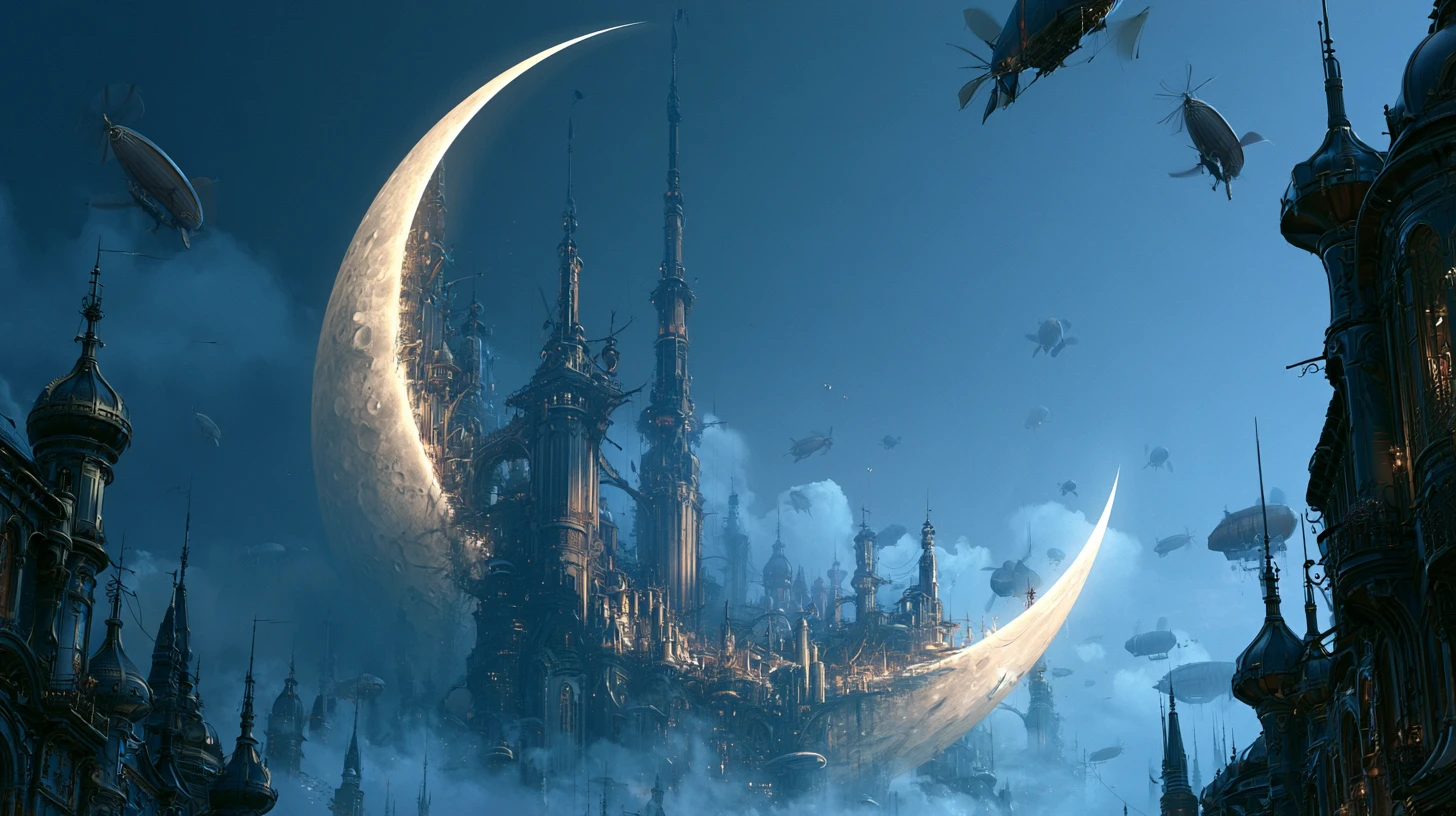 Glowing crescent moon cradling a steampunk sky city