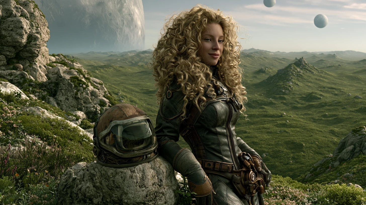 Astronauta mulher steampunk em um mundo alienígena exuberante