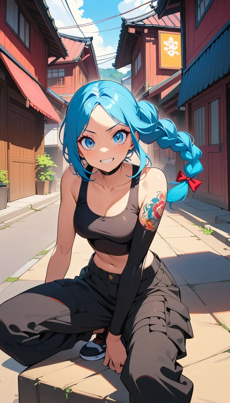 Fille d’anime souriante en streetwear dans une rue japonaise ensoleillée