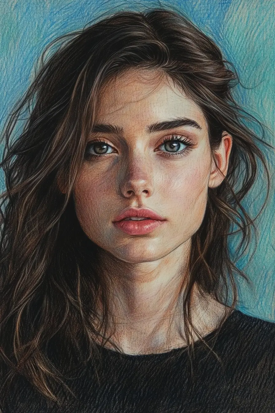Freckled girl close up in blue pencil illustration