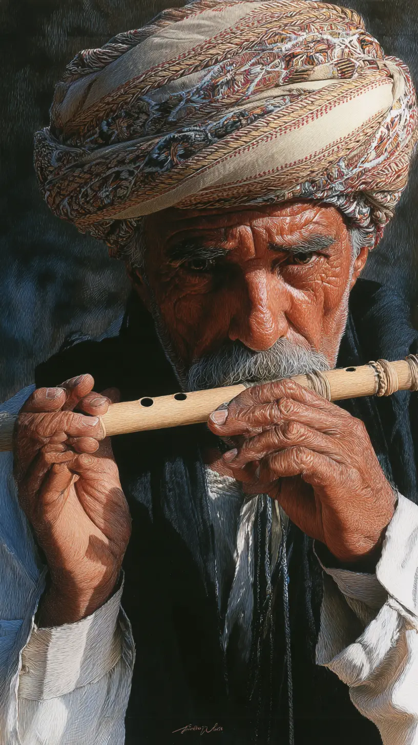 Elderly Middle Eastern man playing wooden flute in turban