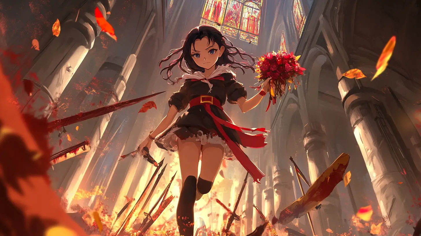 Trauriges Anime-Mädchen geht durch ein Feld aus Schwertern