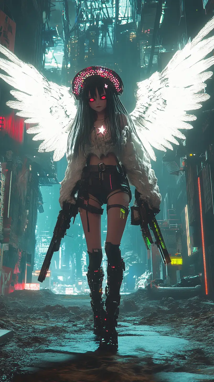 Ragazza con ali d’angelo davanti a un fatiscente muro cyberpunk nel deserto