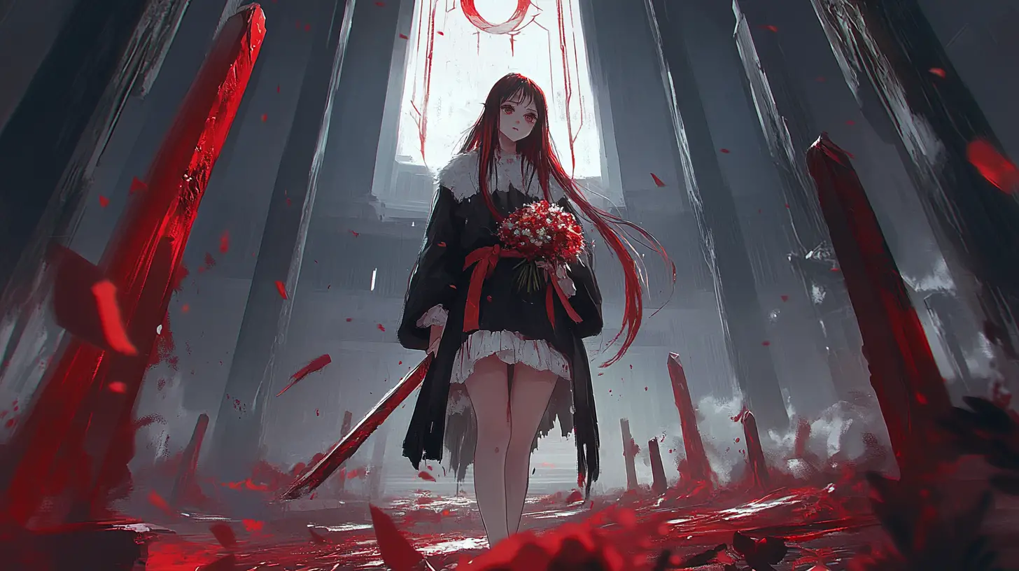 Trauriges Anime-Mädchen, das durch ein Feld aus Schwertern geht