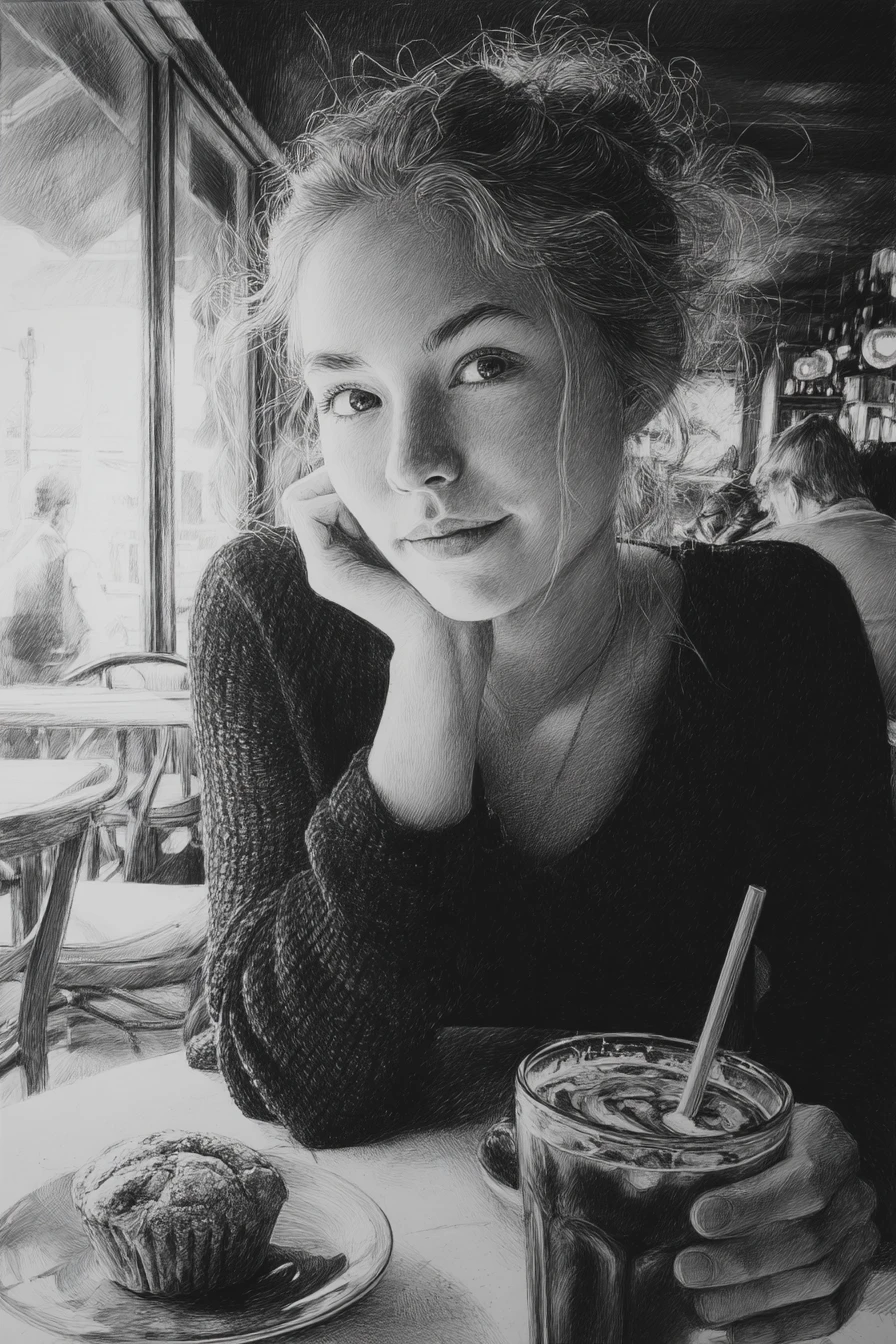 Young woman sketch sitting at cafe table with coffee