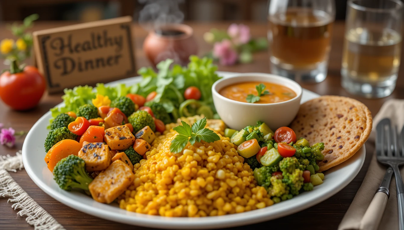 Healthy dinner plate with paneer, salad and dal sides