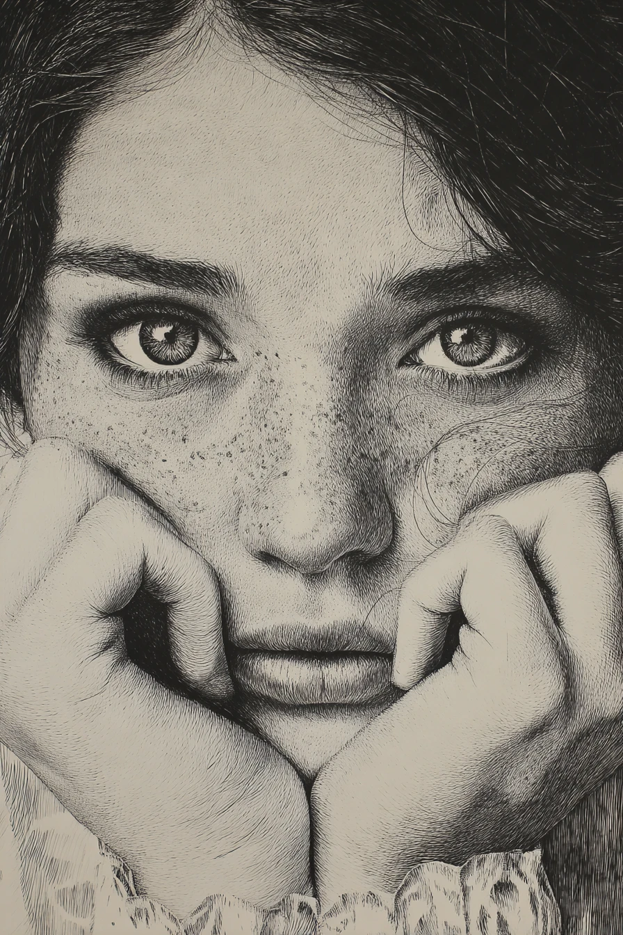 Jeune fille pensive en gros plan dans un portrait à l’encre noire et blanche