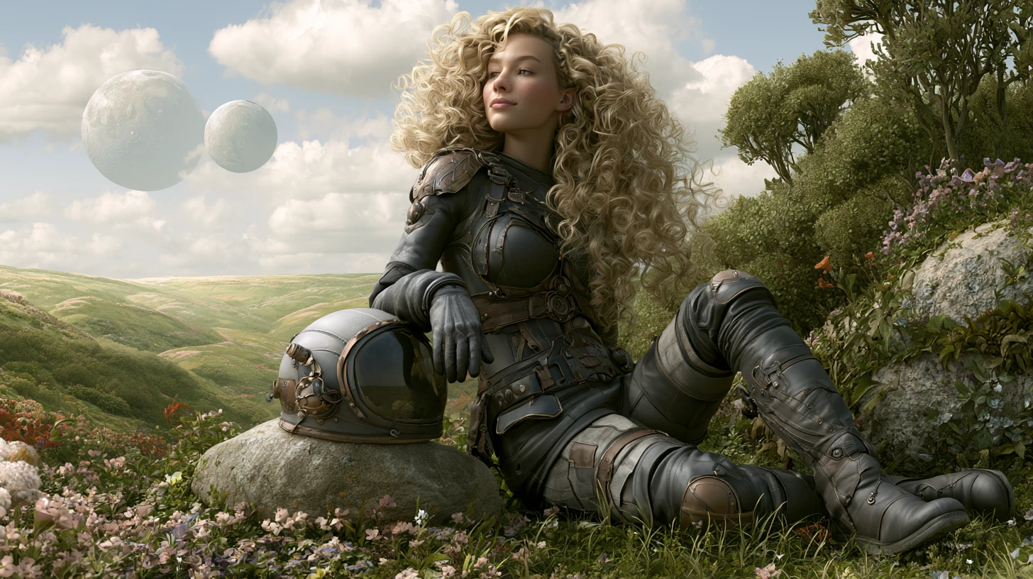 Astronauta steampunk em um mundo alienígena exuberante