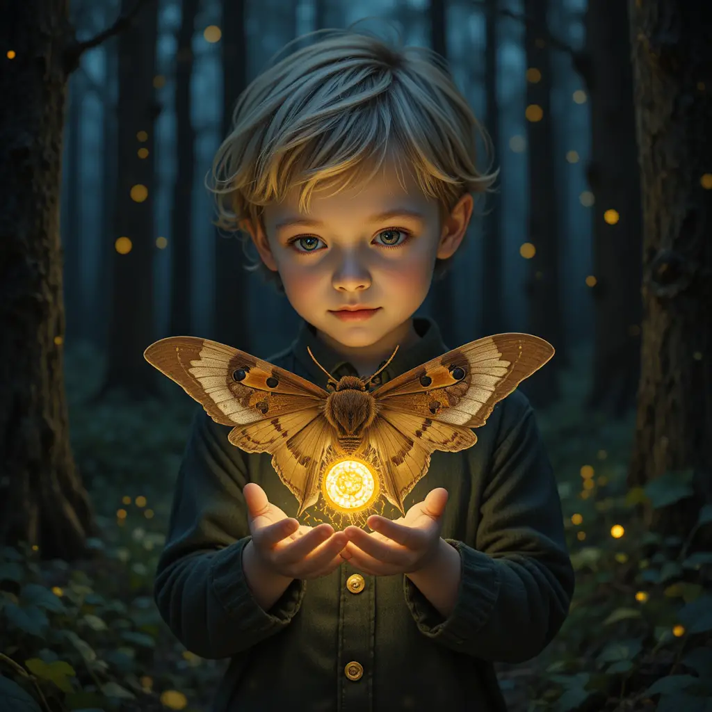 Child holding a glowing moth in an enchanted forest