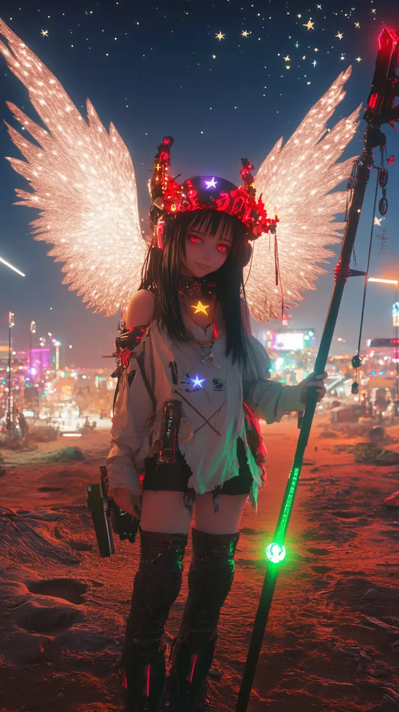 Ragazza angelica alata davanti alle mura di una città cyberpunk nel deserto