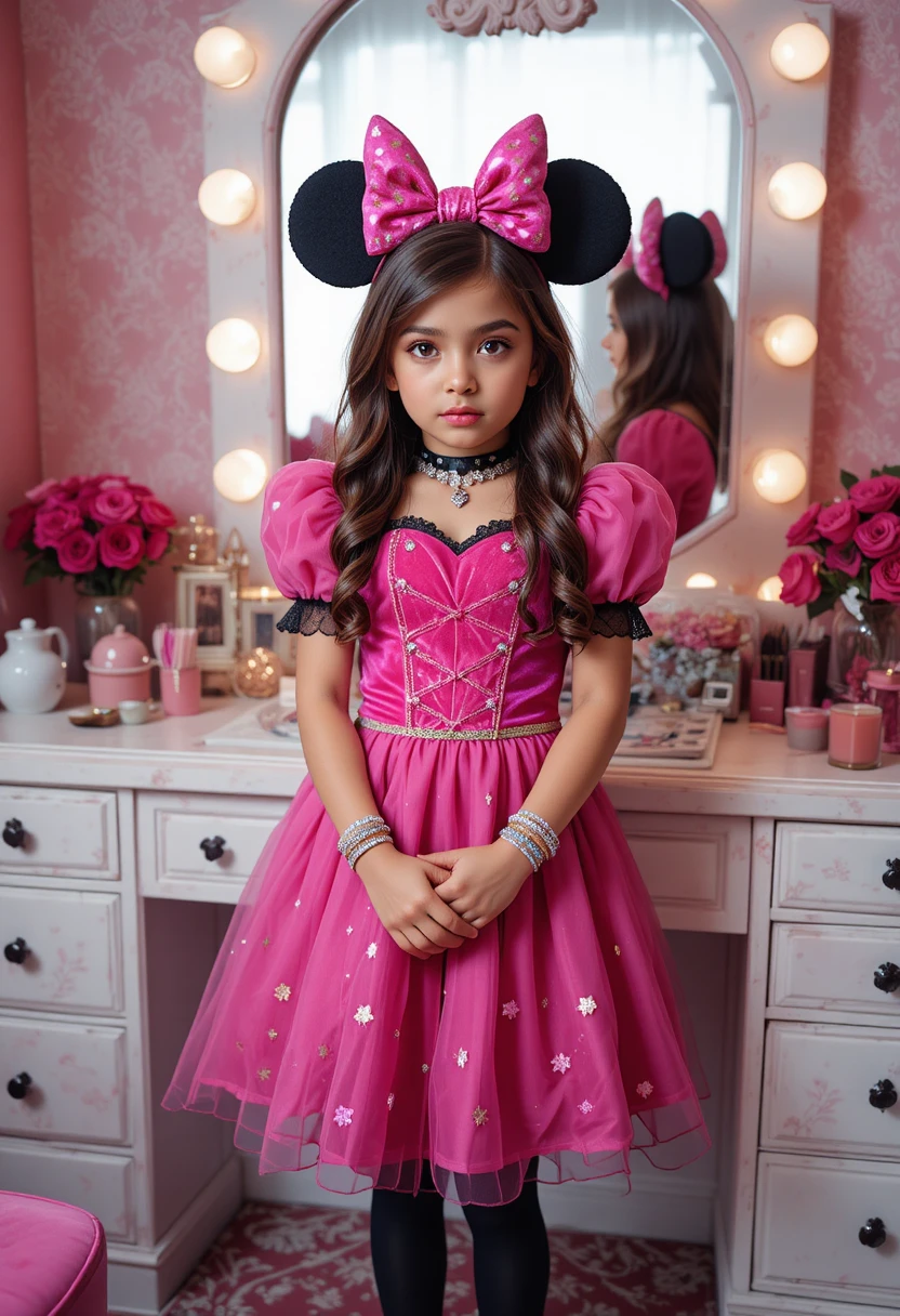Menino pré-adolescente nervoso em fantasia de princesa diante de penteadeira rosa