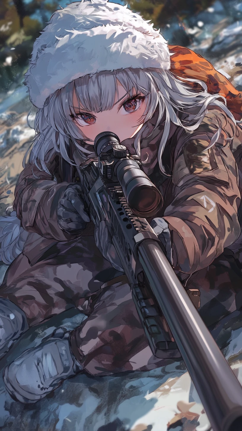 Anime-Scharfschützernmädchen versteckt sich getarnt in der Wildnis und zielt