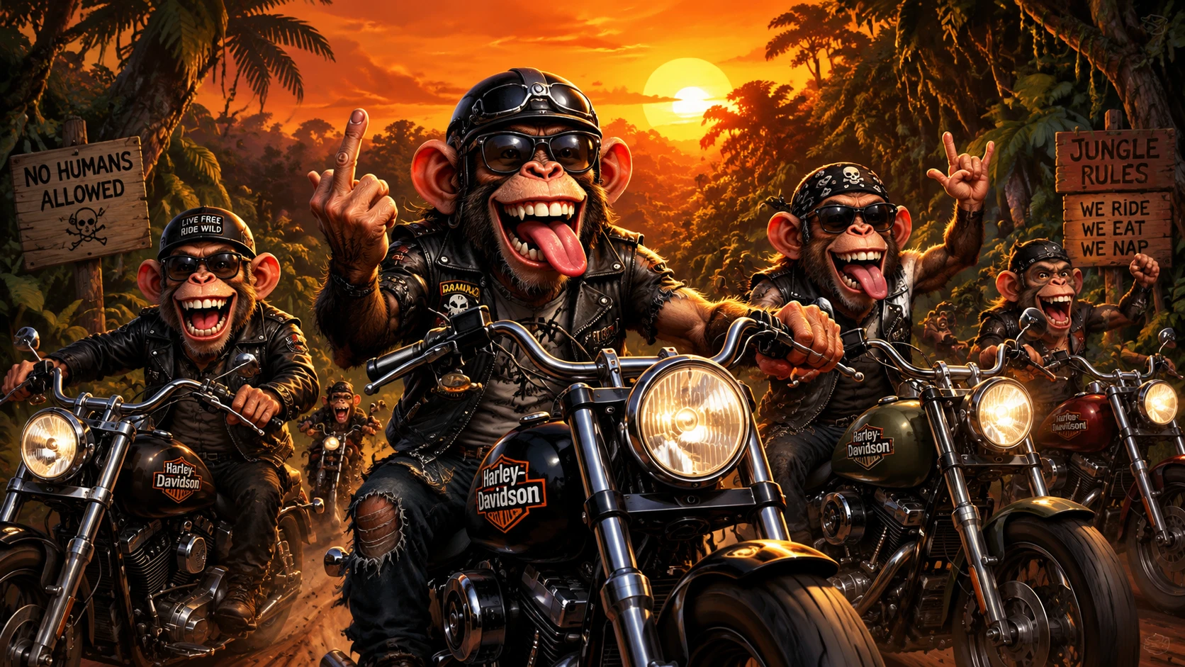 Biker-Affen, die bei Sonnenuntergang mit Motorrädern durch den Dschungel fahren