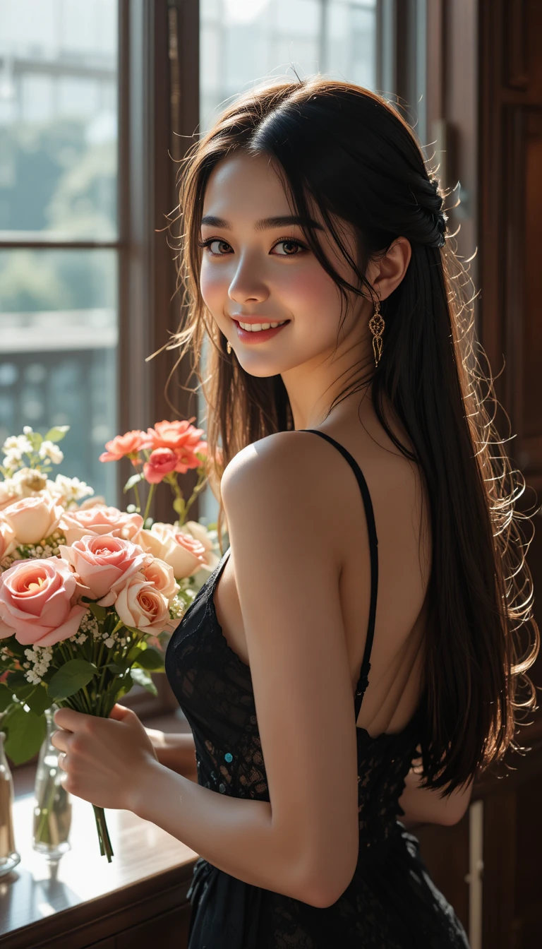 Mulher sorridente em vestido preto transparente segurando buquê de flores cor-de-rosa