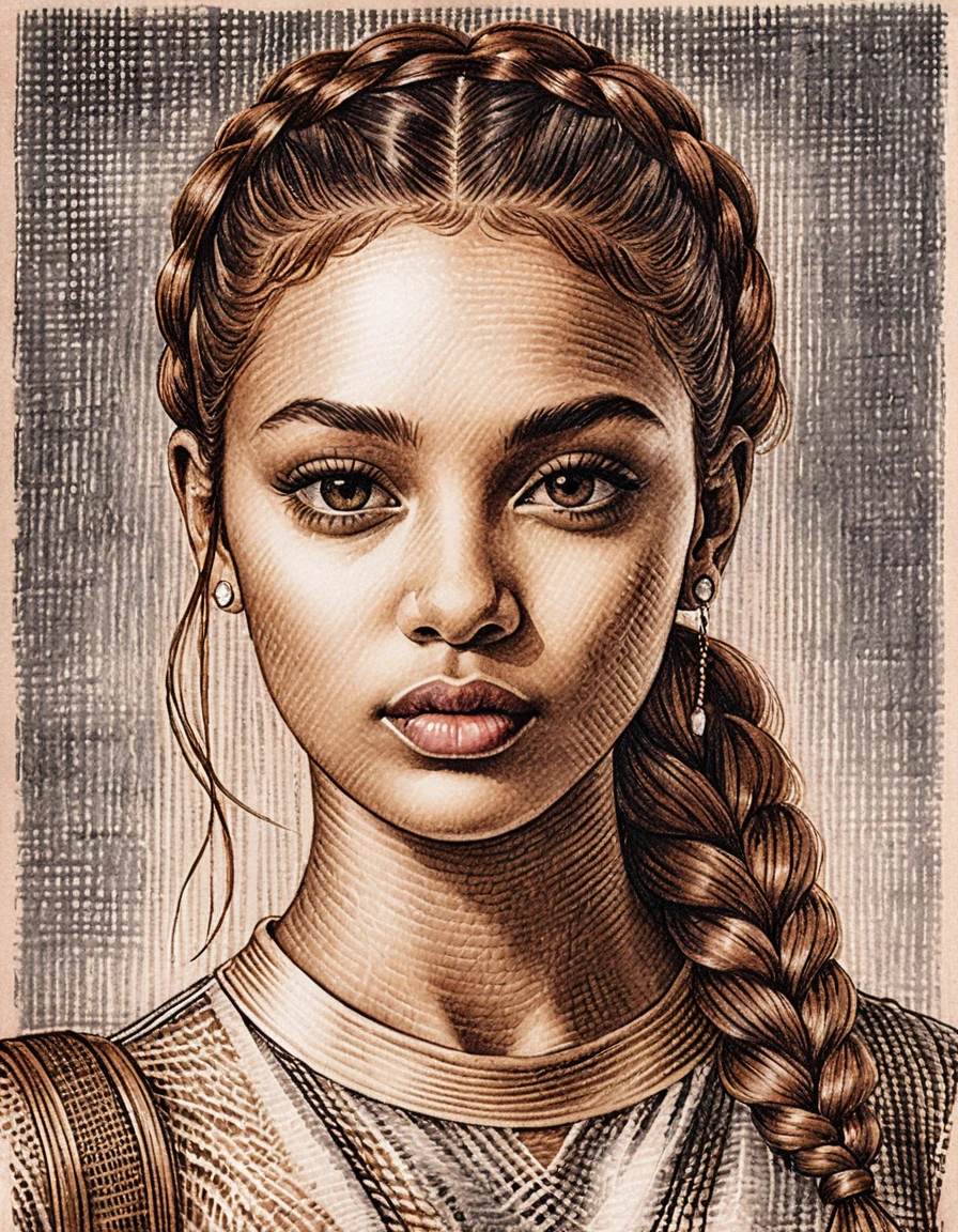 Ink portrait of a young woman with braided auburn hair