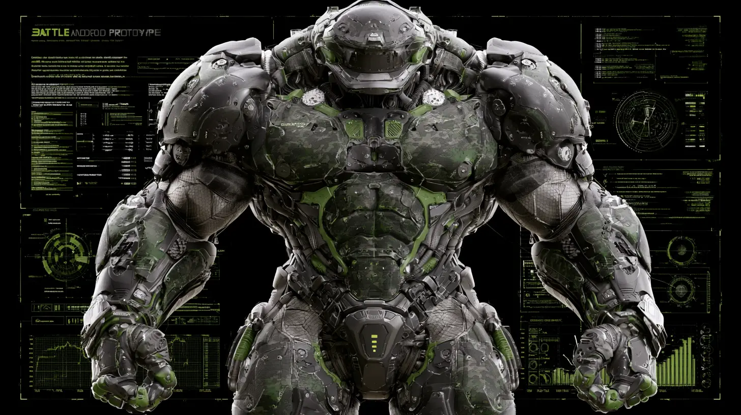Diagramas técnicos de un prototipo de ciborg de batalla masivo