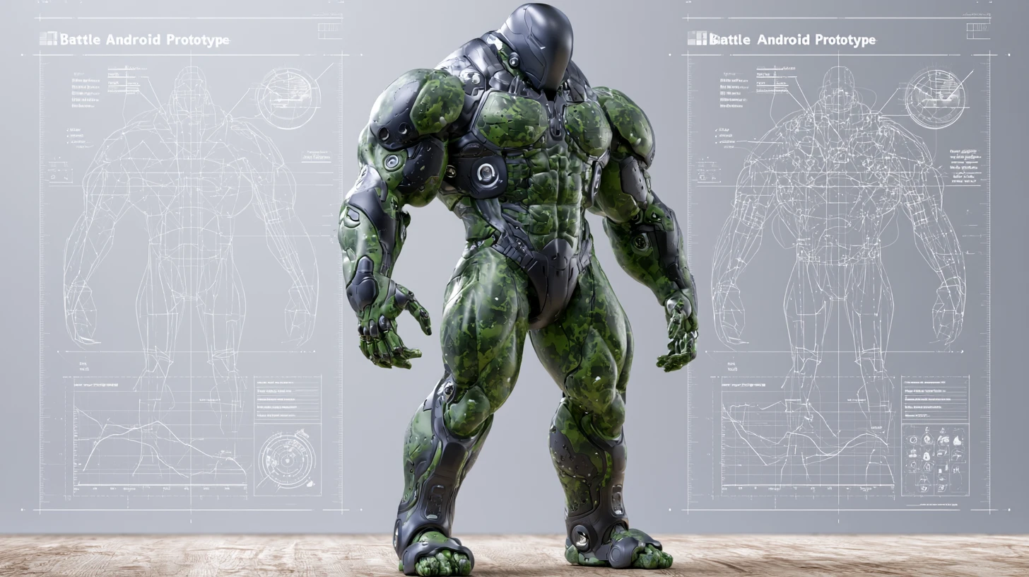 Diagrama 3D de corpo inteiro de um ciborgue de batalha fortemente blindado