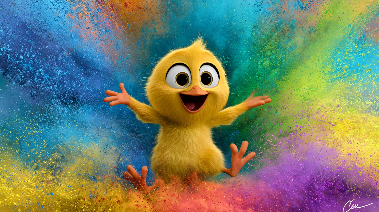 Tiny yellow chick surrounded by vibrant color powder clouds