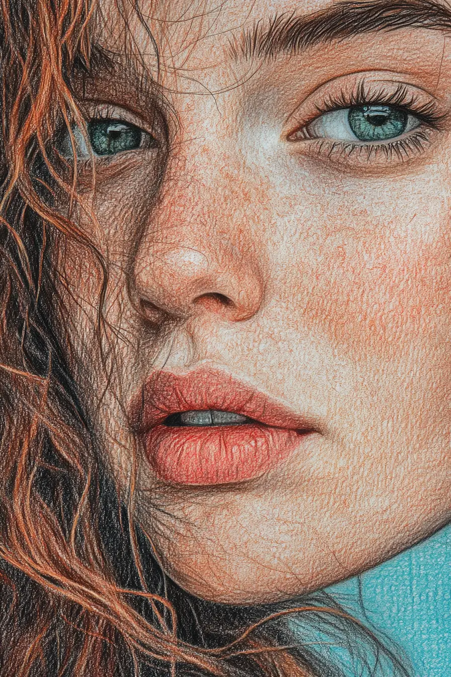 Freckled girl close up in colored pencil portrait
