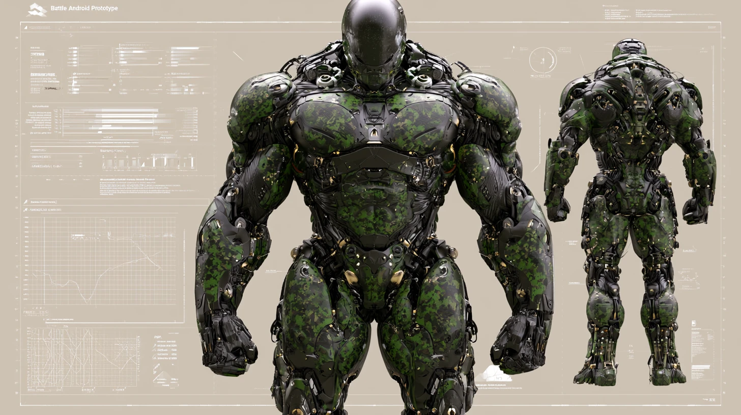 Technische Diagramme eines massiven Kampf-Cyborg-Prototyps