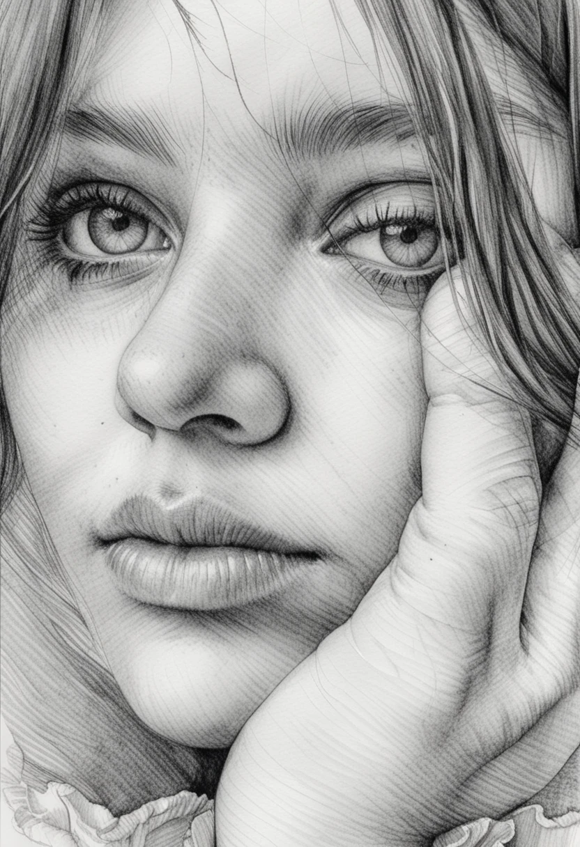Portrait à l’encre en noir et blanc d’une fille contemplative en gros plan