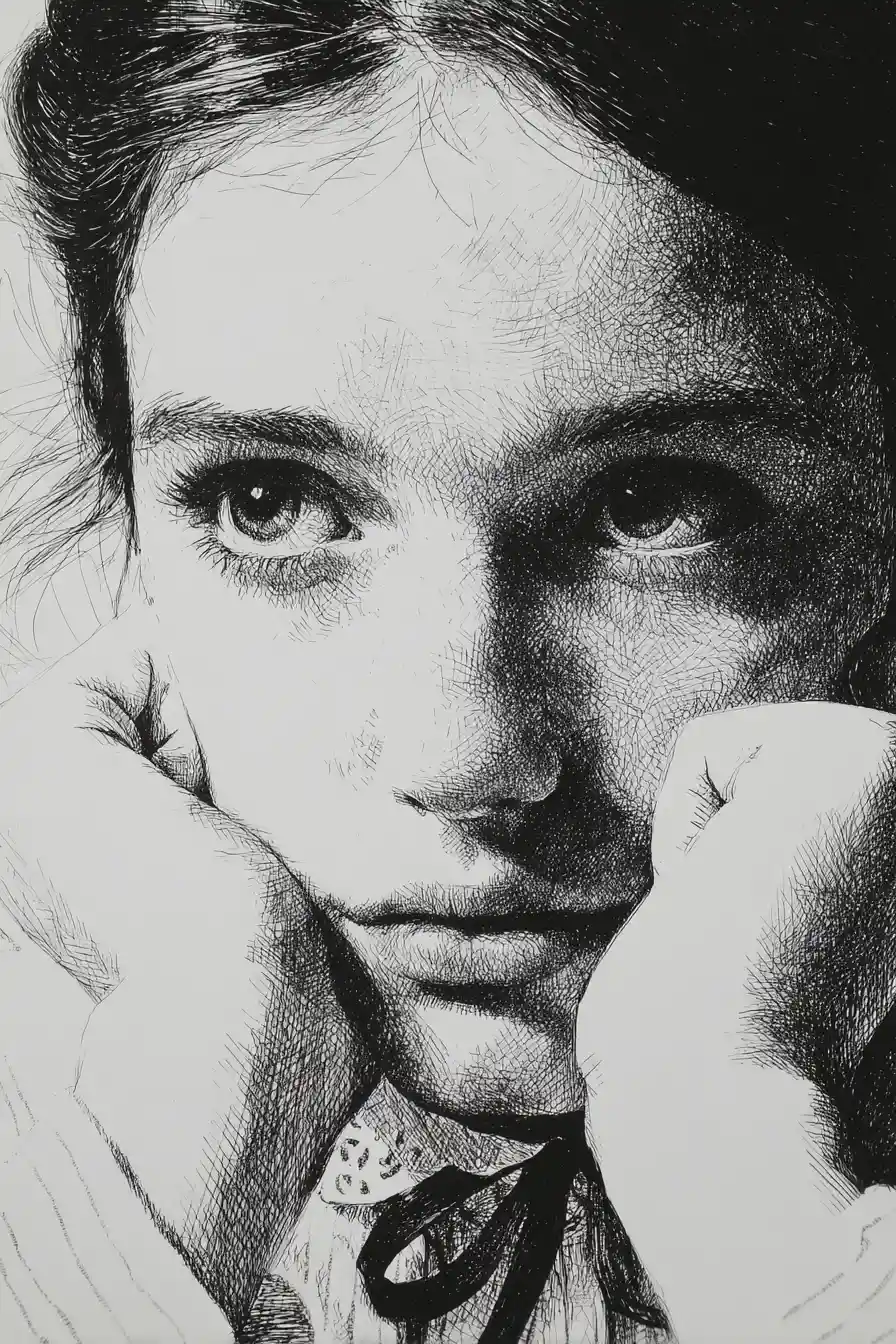 Ritratto a inchiostro di una giovane donna contemplativa in primo piano