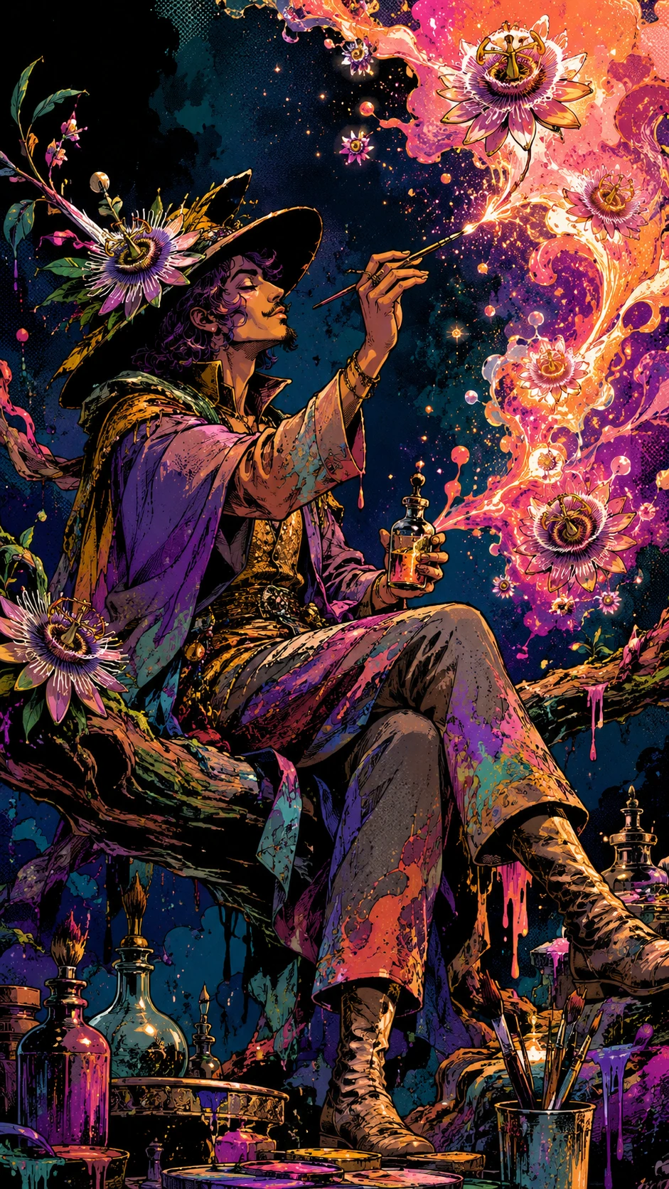 Alquimista pintando flores brilhantes em um galho vivo