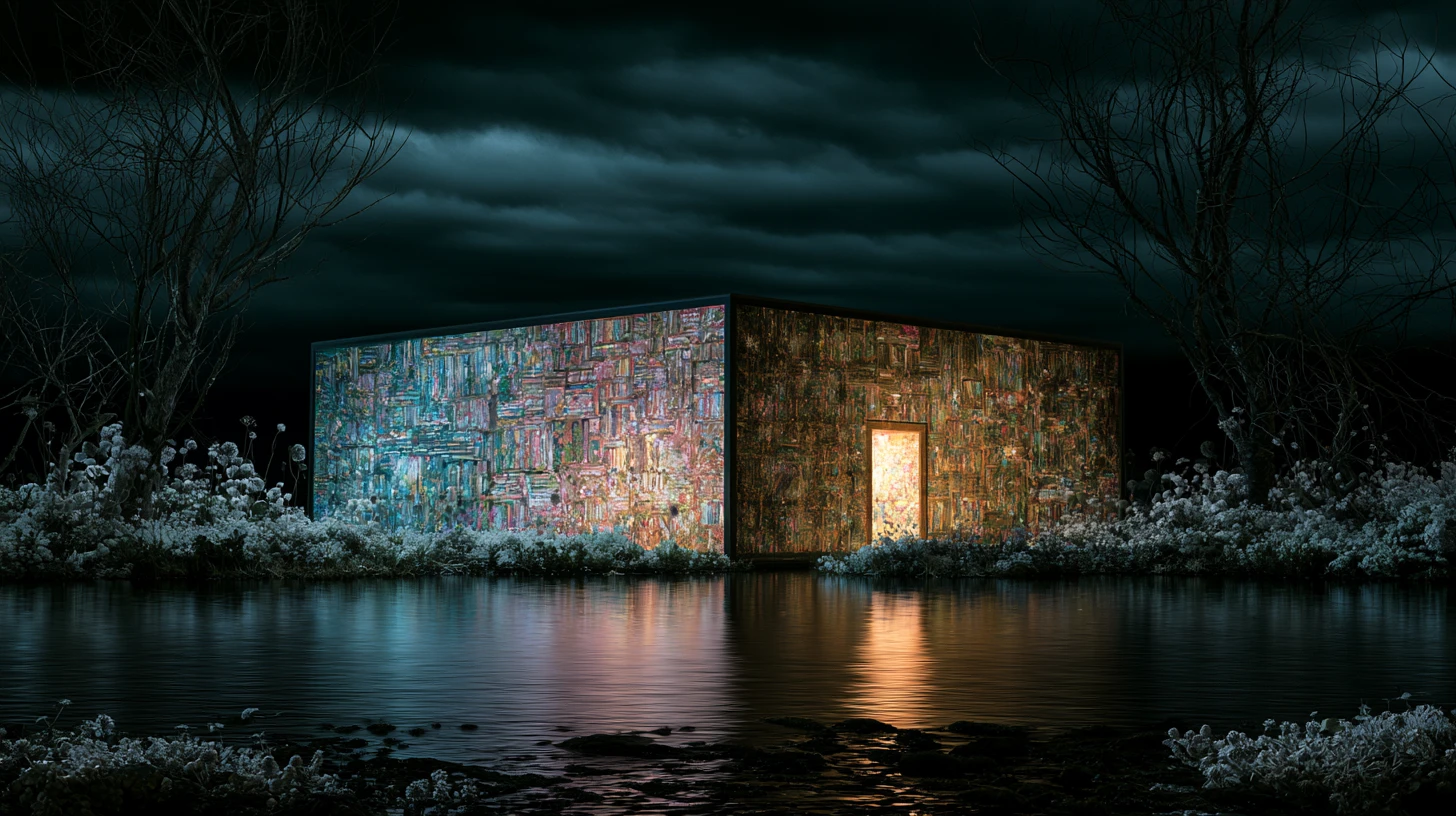 Surreale Fantasiebibliothek in versteckter Atlantis-Landschaft