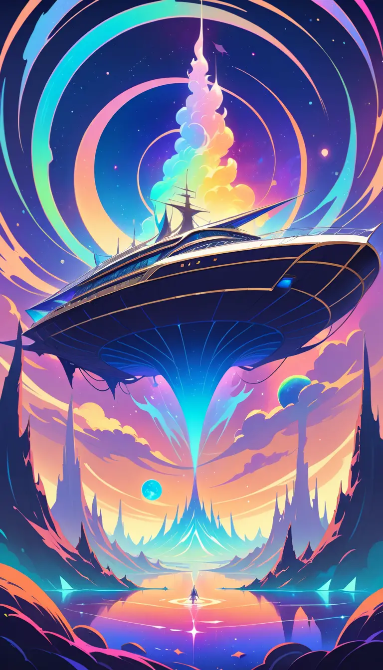幽靈大帆船航行穿越發光的宇宙星雲