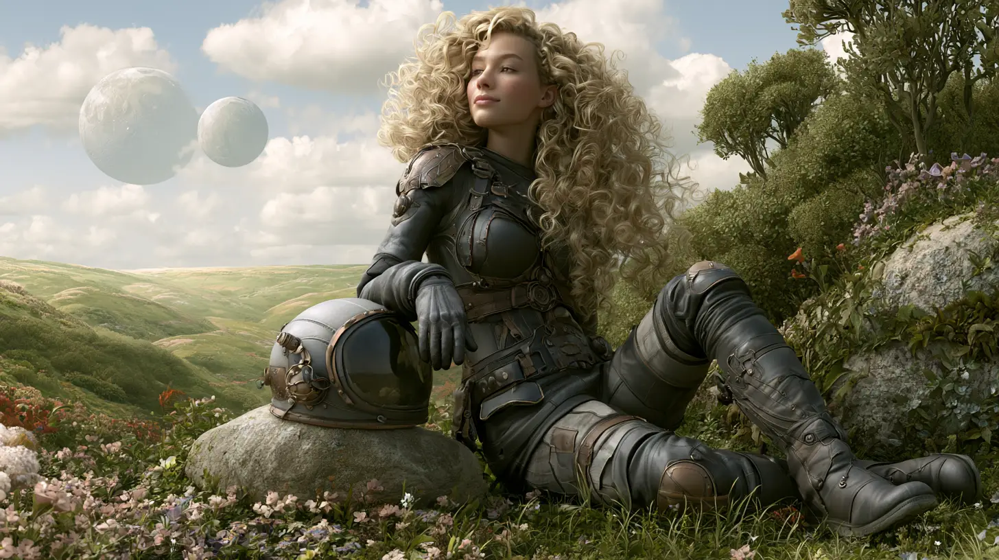 Astronauta steampunk su un rigoglioso mondo alieno